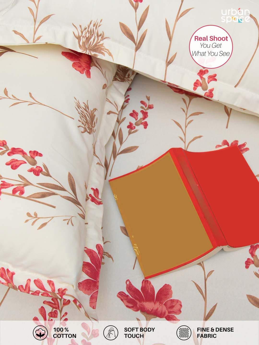 URBAN SPACE Pink & White Printed 200 TC Cotton Double Queen Bedsheet With 2 Pillow Covers