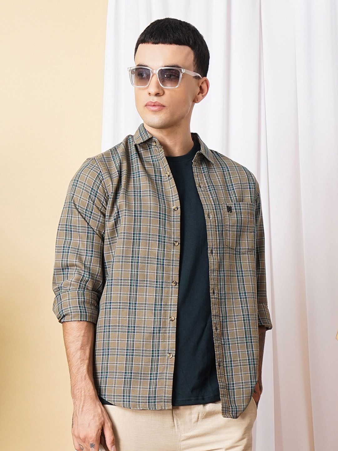 The Indian Garage Co Men Brown & Green Checked Pure Cotton Casual Shirt