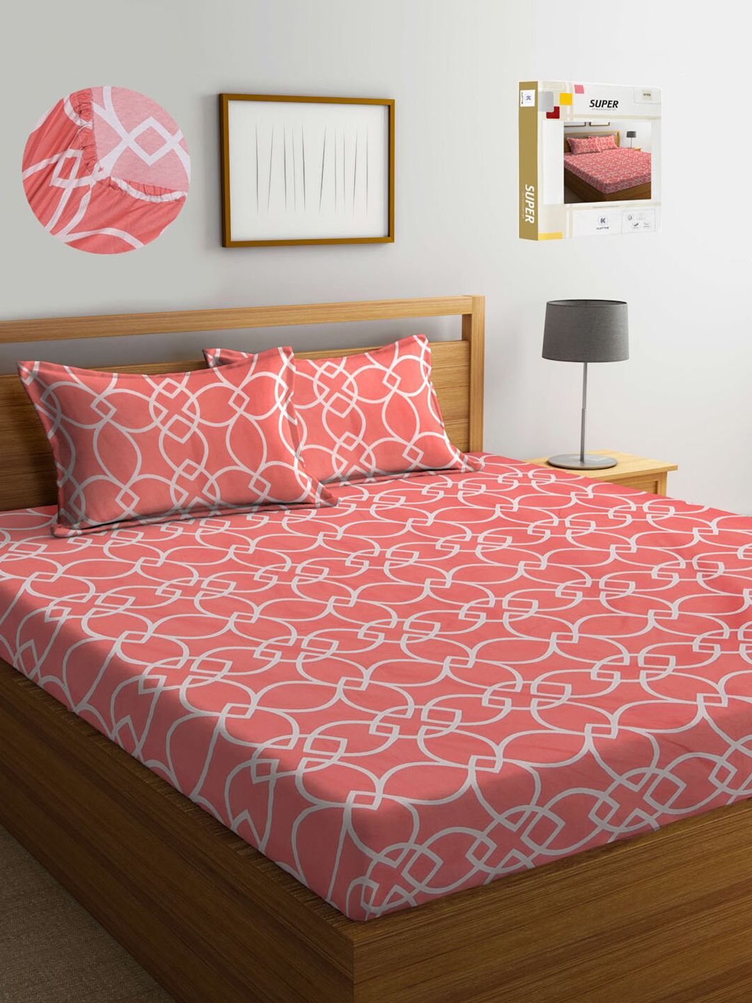 KLOTTHE Coral Geometric 300 TC King Size Fitted Bedsheet with 2 Pillow Covers