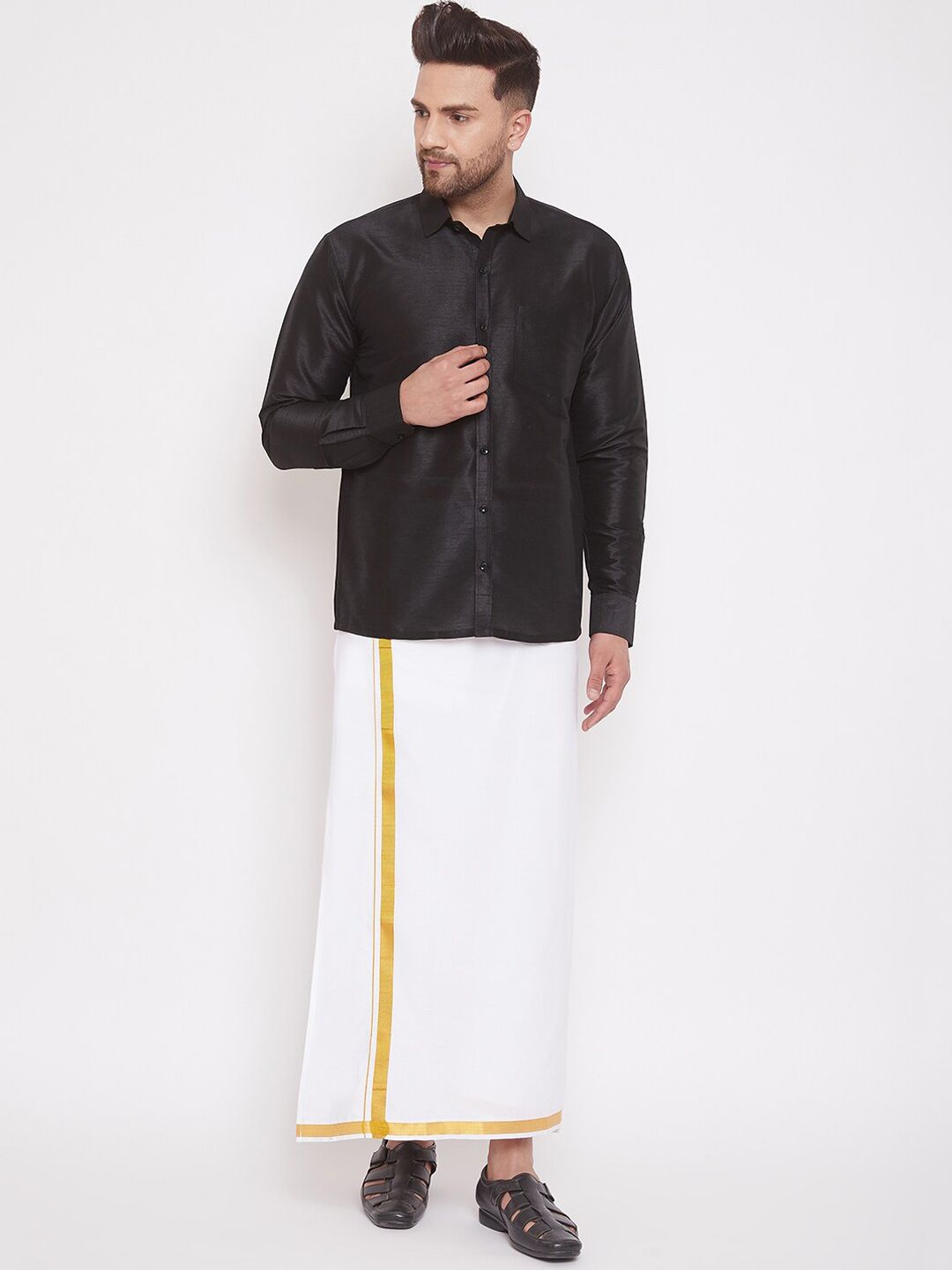 VASTRAMAY Men Black Regular Fit Solid Ethnic Shirt