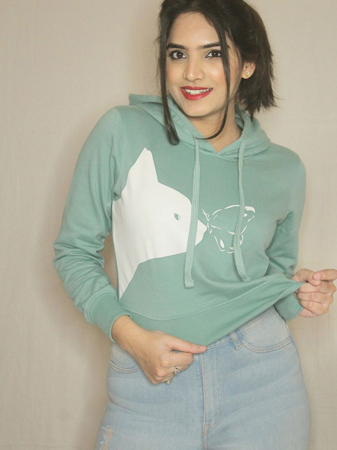 Tokyo Talkies Women Green & White Printed Hooded Sweatshirt