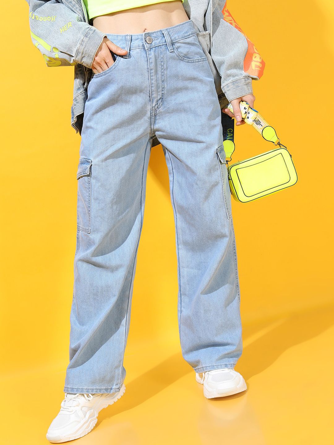 Tokyo Talkies Women Blue Clean look Flared Cargo Jeans