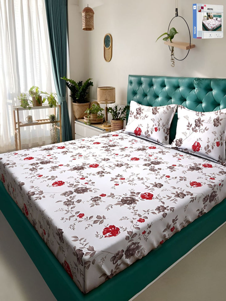 KLOTTHE Kapas Bunga Putih 300 TC Cadar King dengan 2 Sarung Bantal-250 x 225 cm