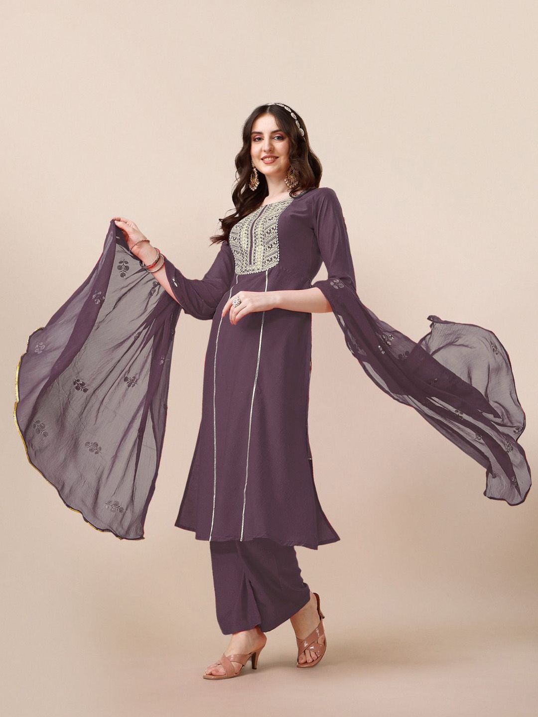 KALINI Ethnic Motifs Embroidered Sequinned Kurta with Palazzos & Dupatta