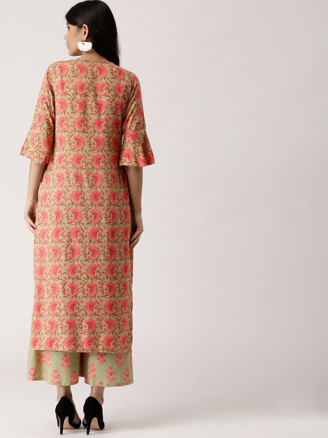 Libas Women Green & Coral Pink Printed Kurta with Palazzos