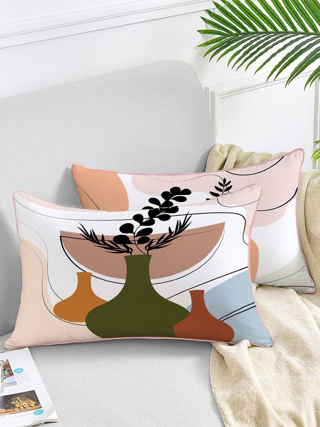 STITCHNEST Set of 2 White & Green Velvet Cushion Cover