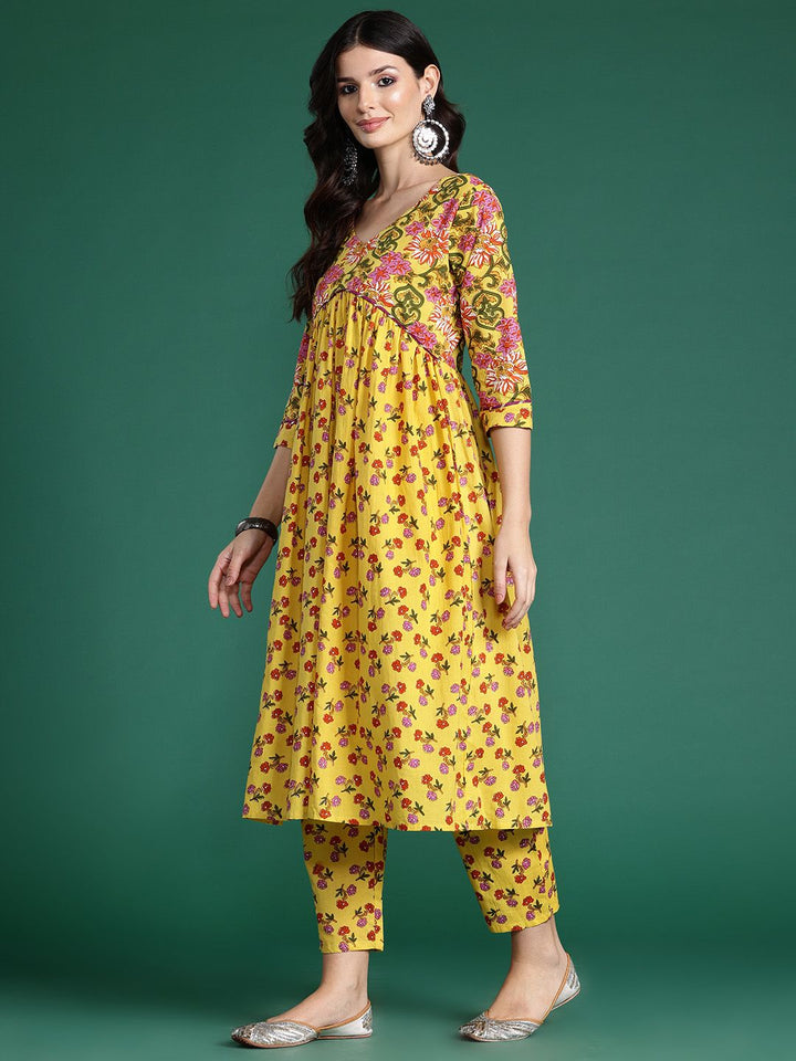 Indo Era Floral Printed Empire Gotta Patti Pure Cotton Kurta With Trousers & Dupatta