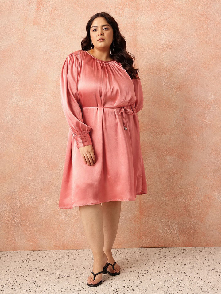 all about you Plus Size Puff Sleeve Satin Finish A-Line Party Dress with Tir-up Detail