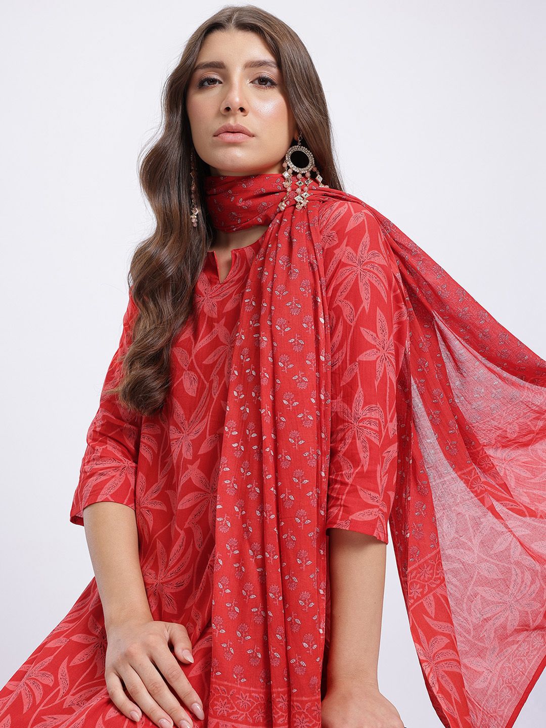 Anouk Floral Print Kurta With Trousers & With Dupatta