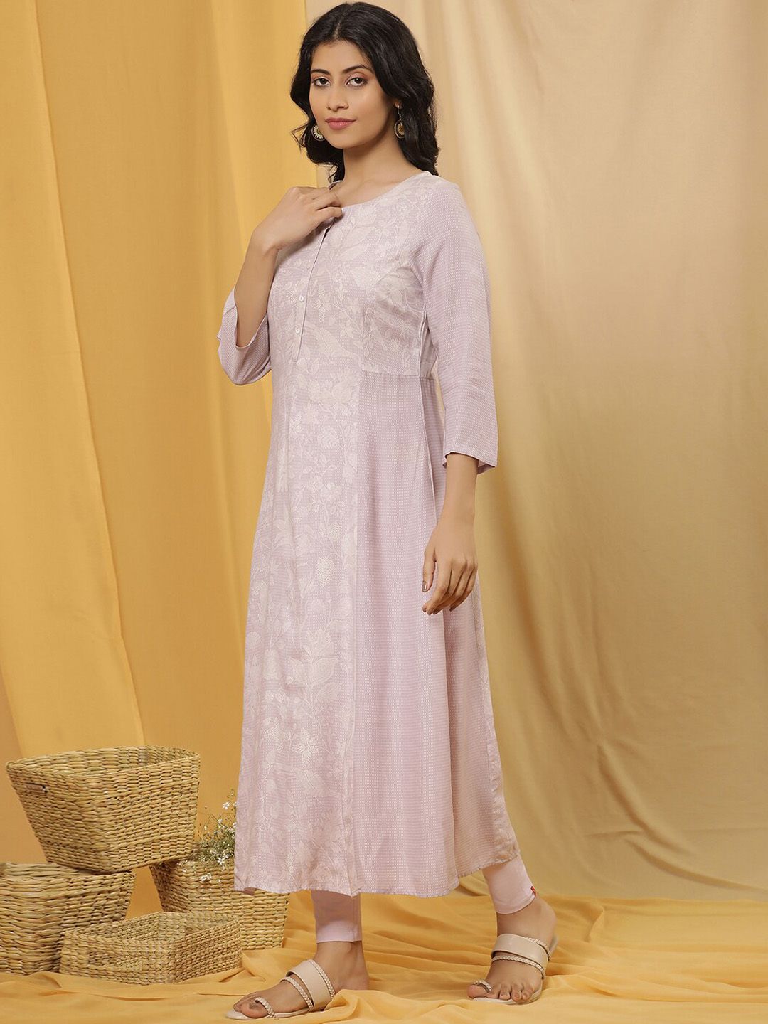 W Floral Printed Round Neck A-Line Kurta With Legging