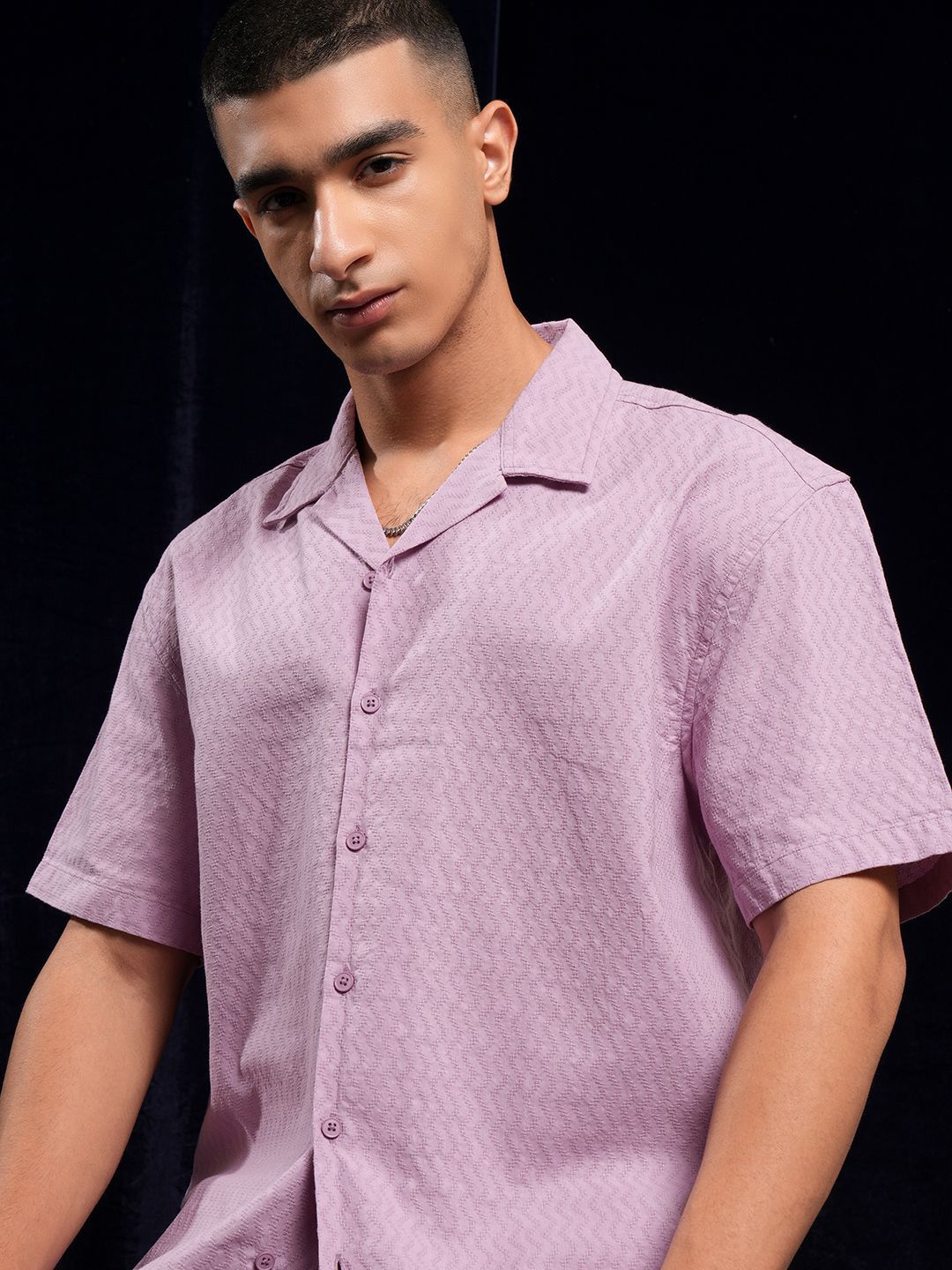 HIGHLANDER Men Dobby Textured Solid Cuban Collar Relaxed Shirt