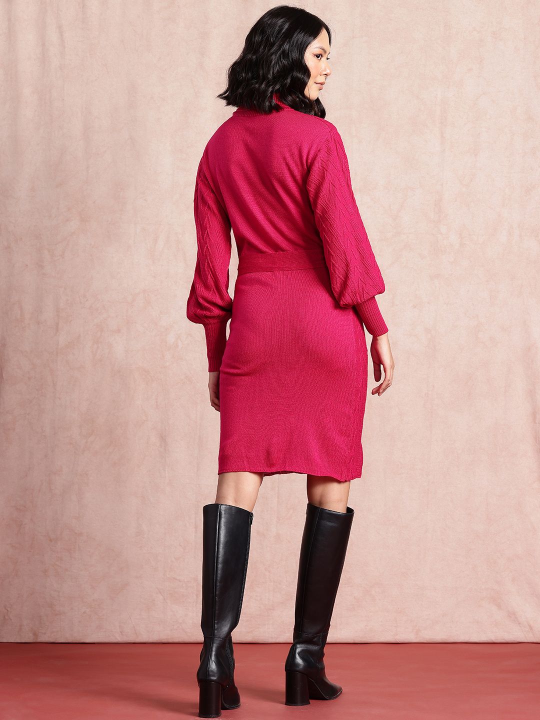 all about you Turtle Neck Belted Puff Sleeve Sweater Dress