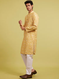 Diwas by Manyavar Geometric Printed Cotton Mandarin Collar Straight Kurta