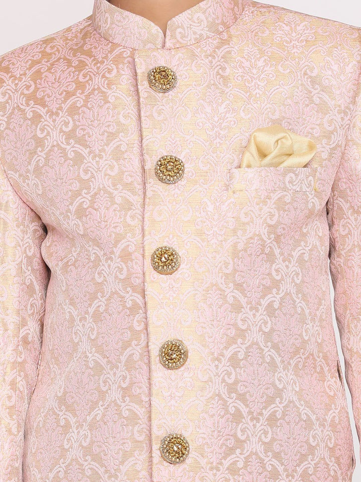 Vastramay Boys Pink & Gold-Coloured Design Brocade Brocade Slim Fit Sherwani Set