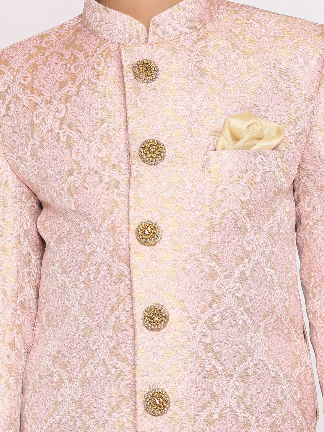 Vastramay Boys Pink & Gold-Coloured Design Brocade Brocade Slim Fit Sherwani Set