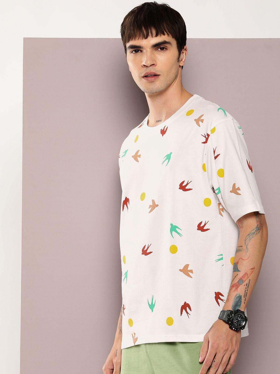 DILLINGER Men Graphic Printed Oversized Drop-Shoulder Sleeves Pure Cotton T-shirt