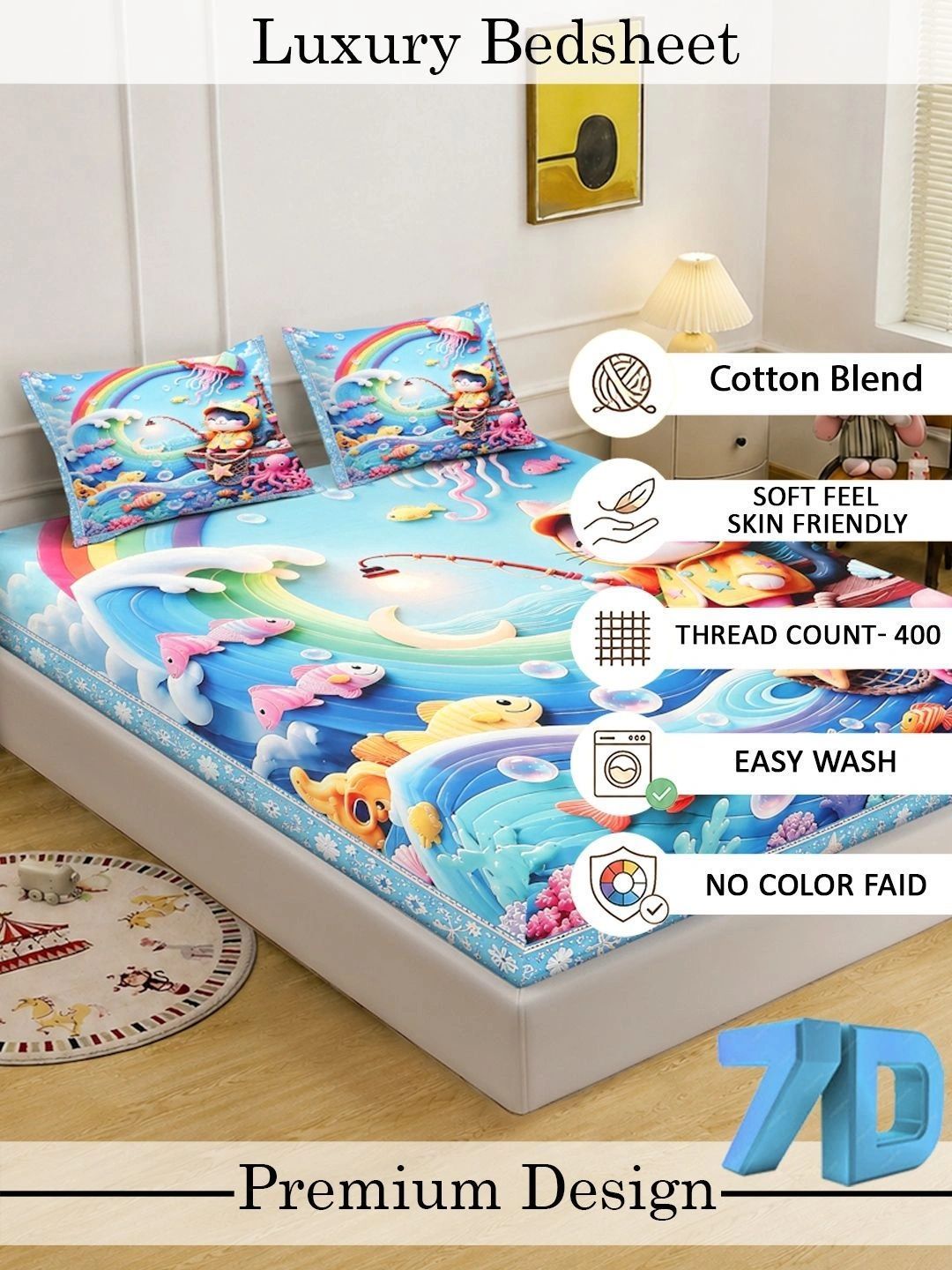 KLOTTHE Blue & Multicoloured Cartoon Characters 400 TC King Bedsheet with 2 Pillow Covers
