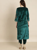 Shae by SASSAFRAS Women Teal Floral Embroidered Velvet Maternity Velvet Kurta