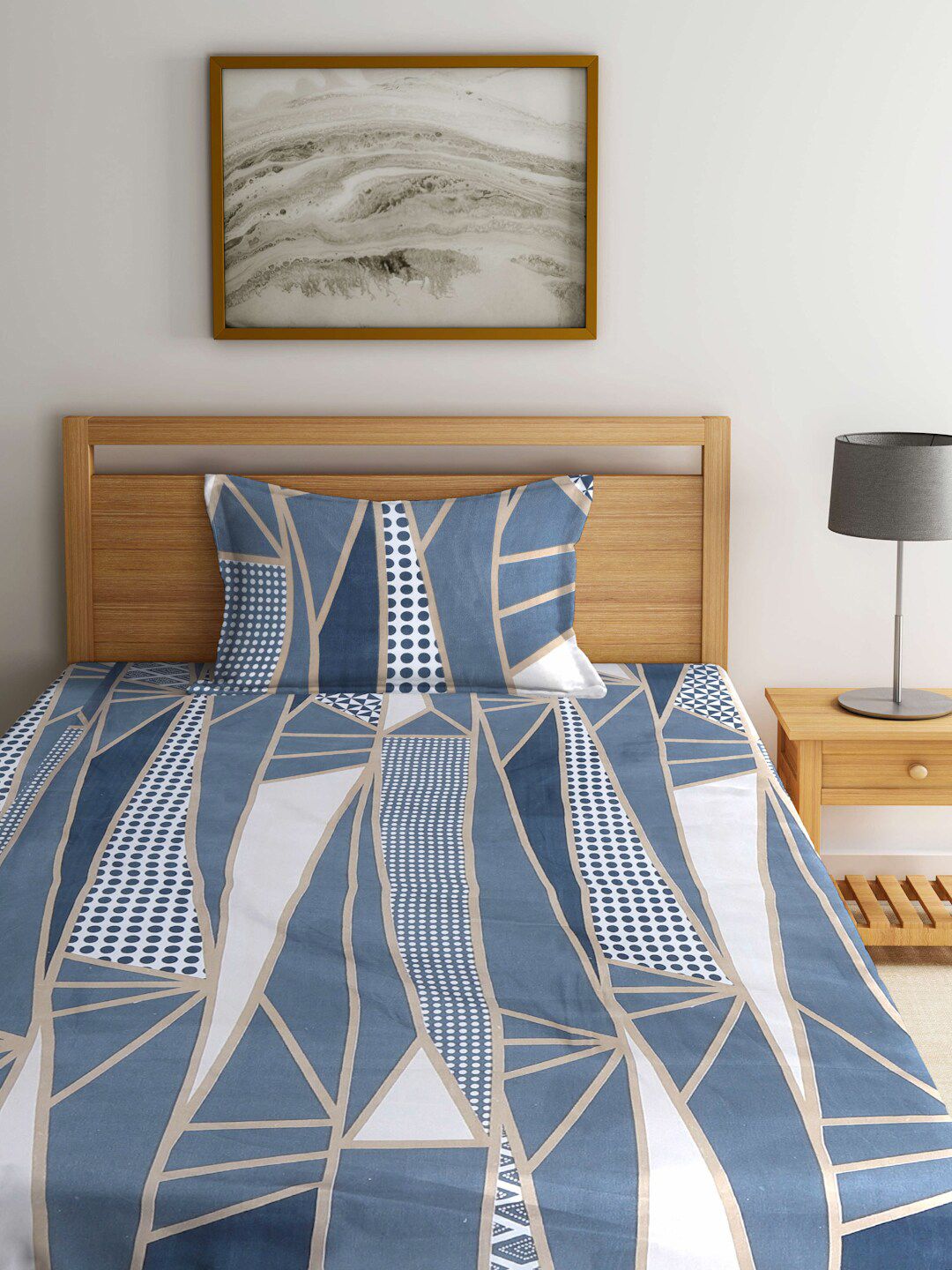 KLOTTHE Blue & Beige Geometric Printed 300 TC Fitted Single Bedsheet & Pillow Cover