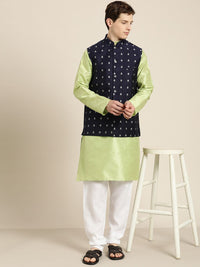 SOJANYA Men Green & Beige Thread Work Straight Kurta Churidar & Jaket Nehru
