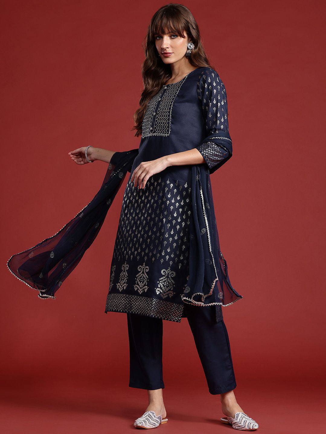 Anouk Foil Print Yoke Design Gotta Patti Kurta with Trousers & Dupatta