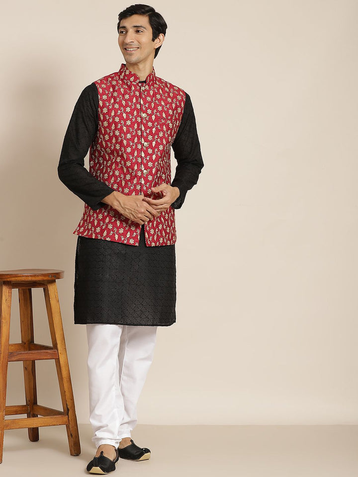 SOJANYA Men Black Chikankari Pure Cotton Kurta with Churidar & Nehru Jacket