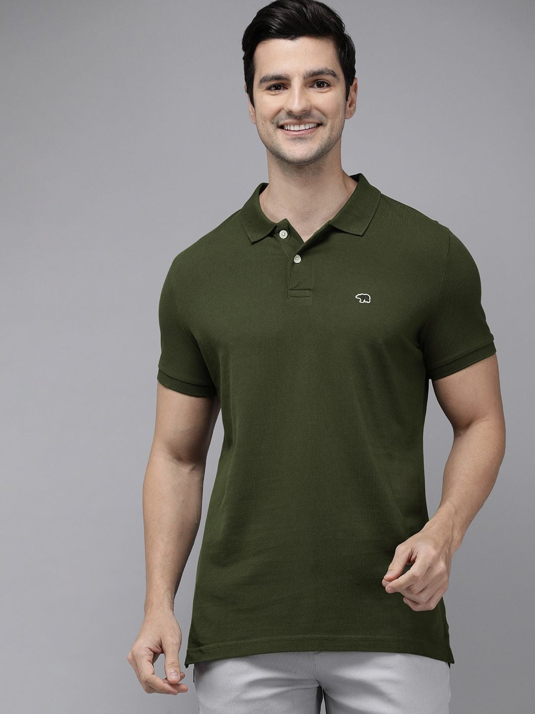 THE BEAR HOUSE Men Green Solid Overdyed Polo Collar Slim Fit Pure Cotton T-shirt