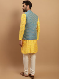 SOJANYA Kurta Biasa Bersulam Geometrik dengan Jaket Nehru Rekaan Churidar & Tenunan