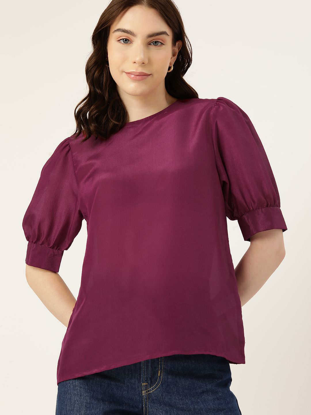 DressBerry Solid Puff Sleeves Top