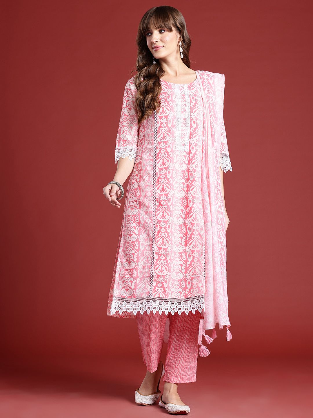 Anouk Ethnic Motifs Printed Lace Inserts Kurta with Trousers & With Dupatta