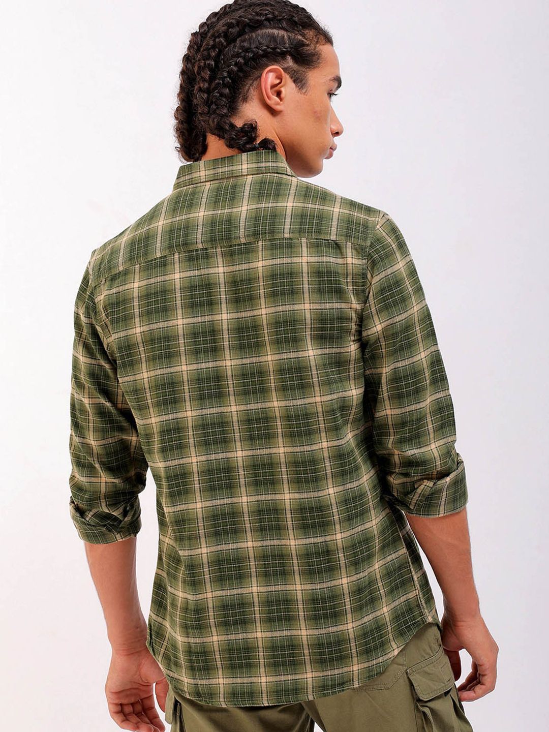 The Indian Garage Co Slim Fit Tartan Checked Spread Collar Pure Cotton Casual Shirt