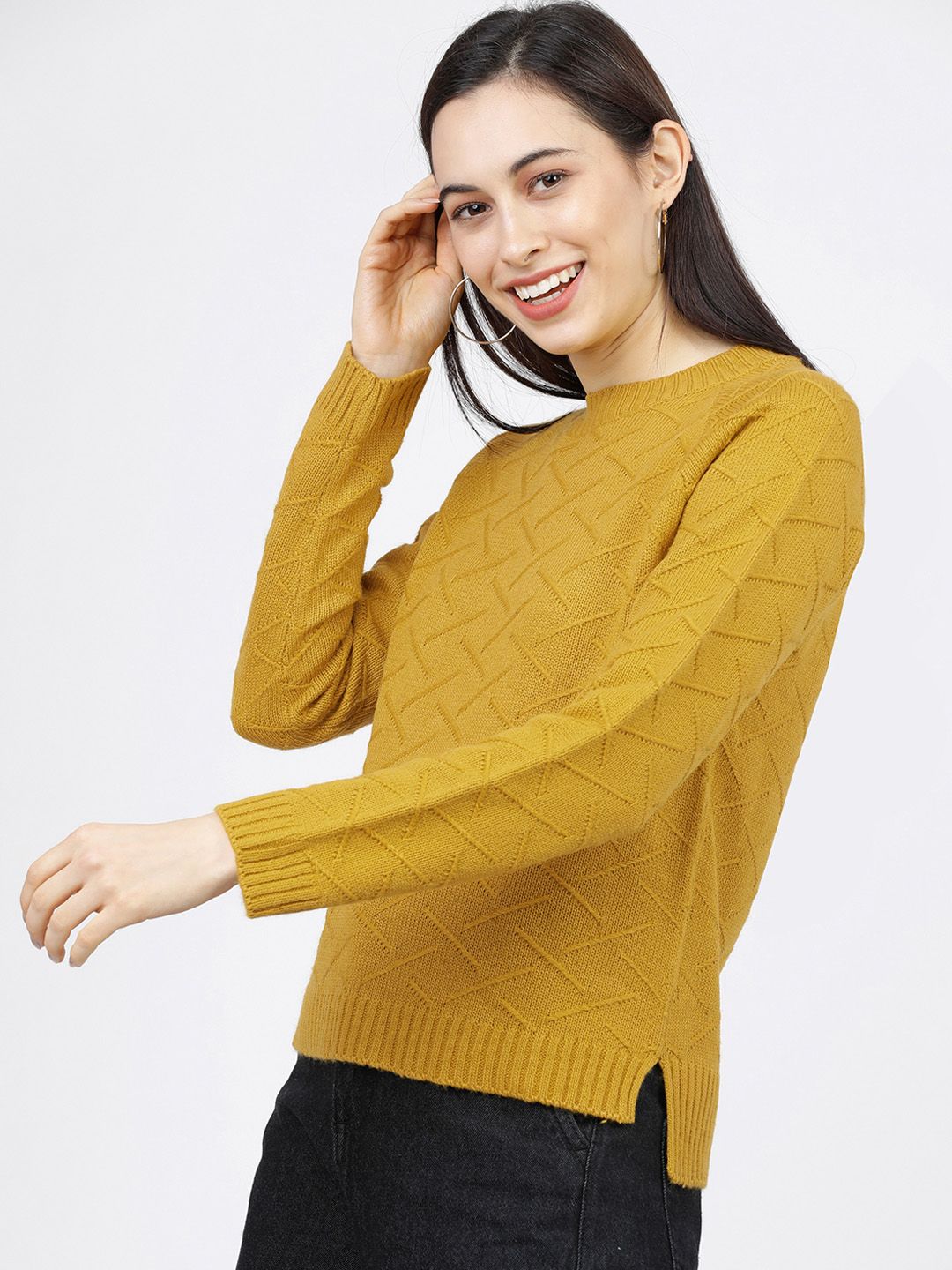 Tokyo Talkies Women Mustard Self Design Sweater