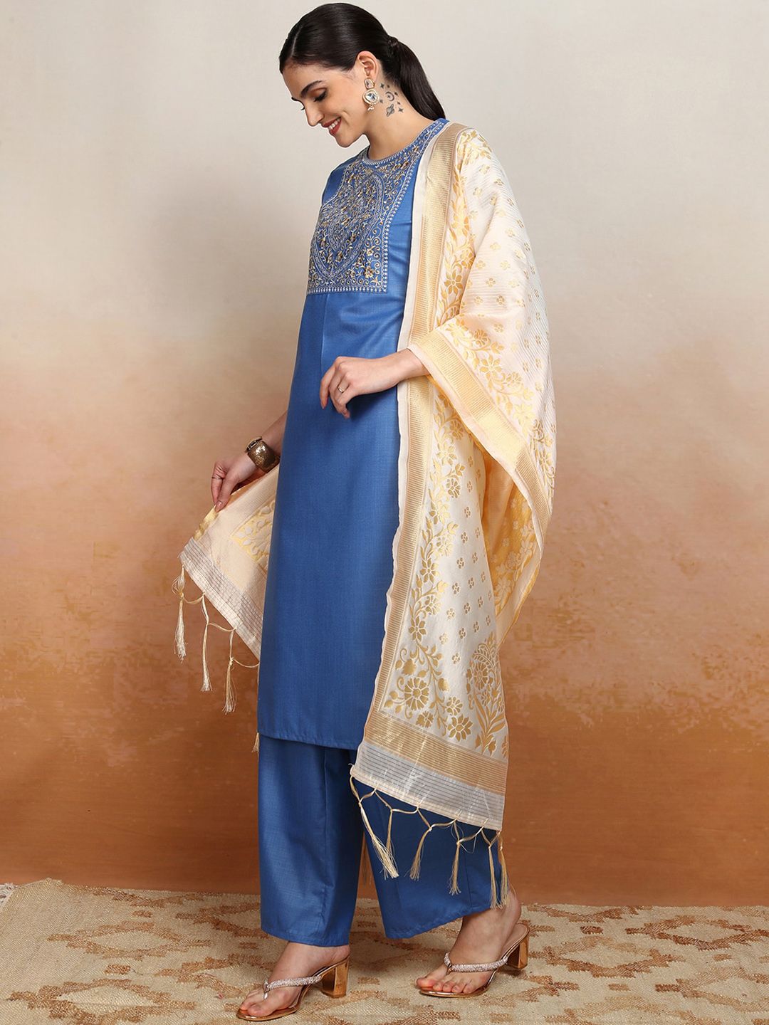 Vishudh Embroidered Straight Kurta With Palazzo & Dupatta