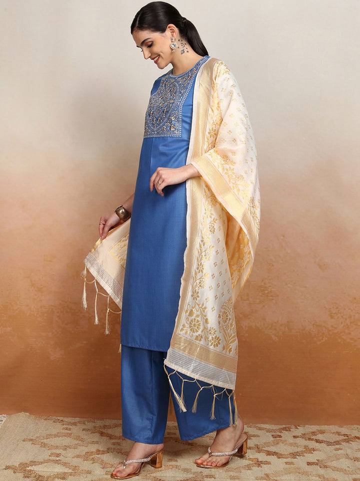 Vishudh Embroidered Straight Kurta With Palazzo & Dupatta