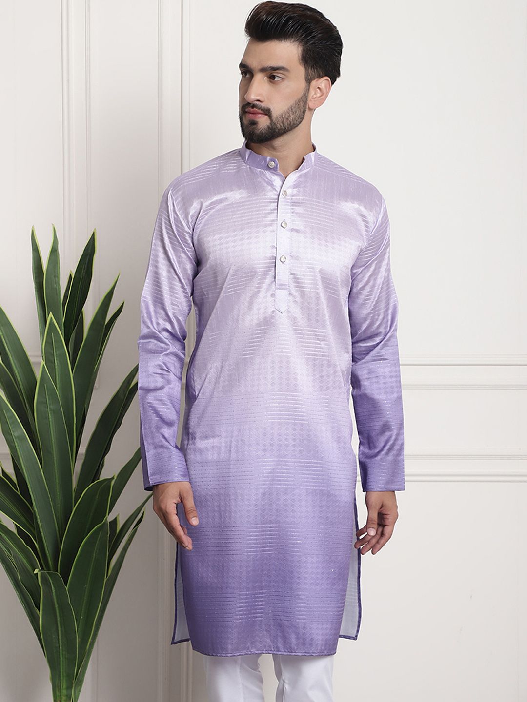 SOJANYA Lelaki Ungu Benang Kerja Jacquard Kurta