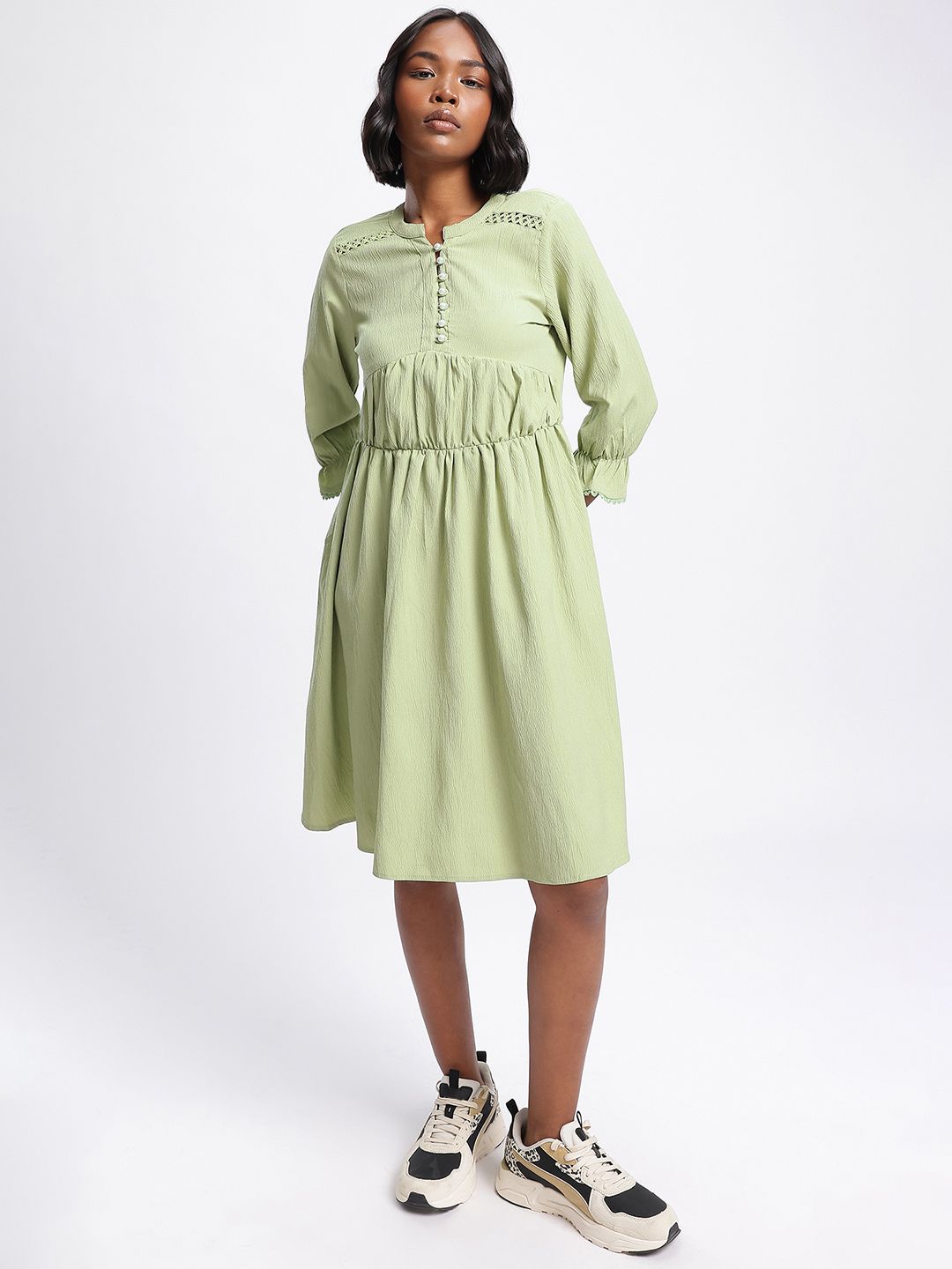 DressBerry Gathered Sophistication A-line Dress with Lace Insert