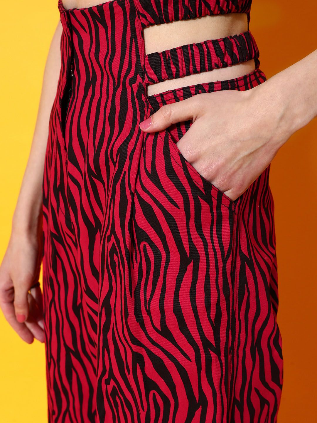 STREET 9 Women Red Abstract Printed Smart Straight Fit High-Rise Trousers