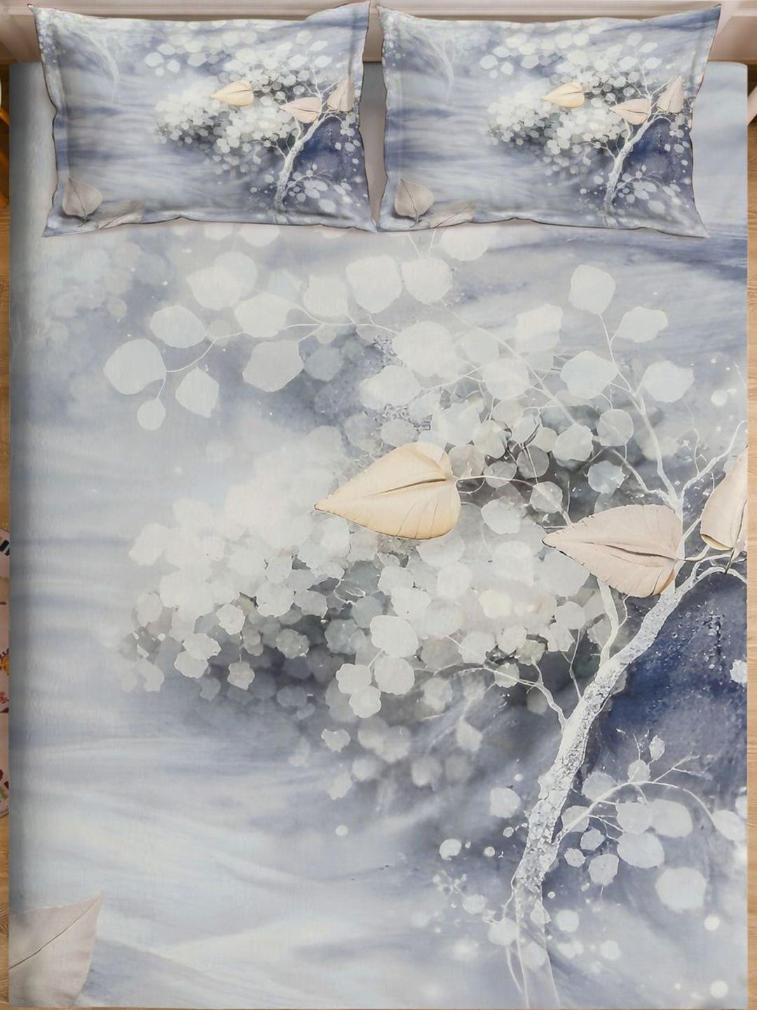 Myntra Elegant Homes Grey Floral 300 TC King Bedsheet with 2 Pillow Covers