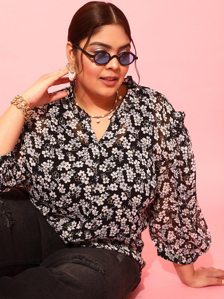 CURVY STREET Black Floral Printed Puff Sleeves Shirt Style Top
