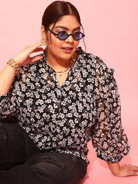 CURVY STREET Black Floral Printed Puff Sleeves Shirt Style Top