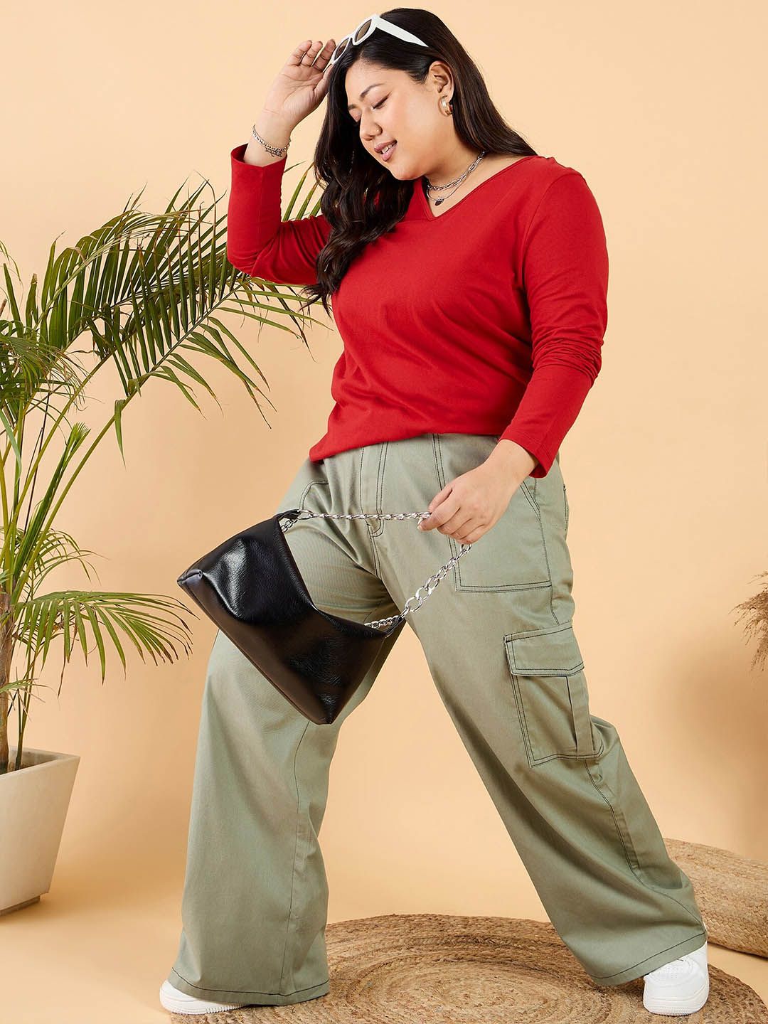 CURVY STREET Plus Size V-Neck Cotton Relaxed Fit T-shirt