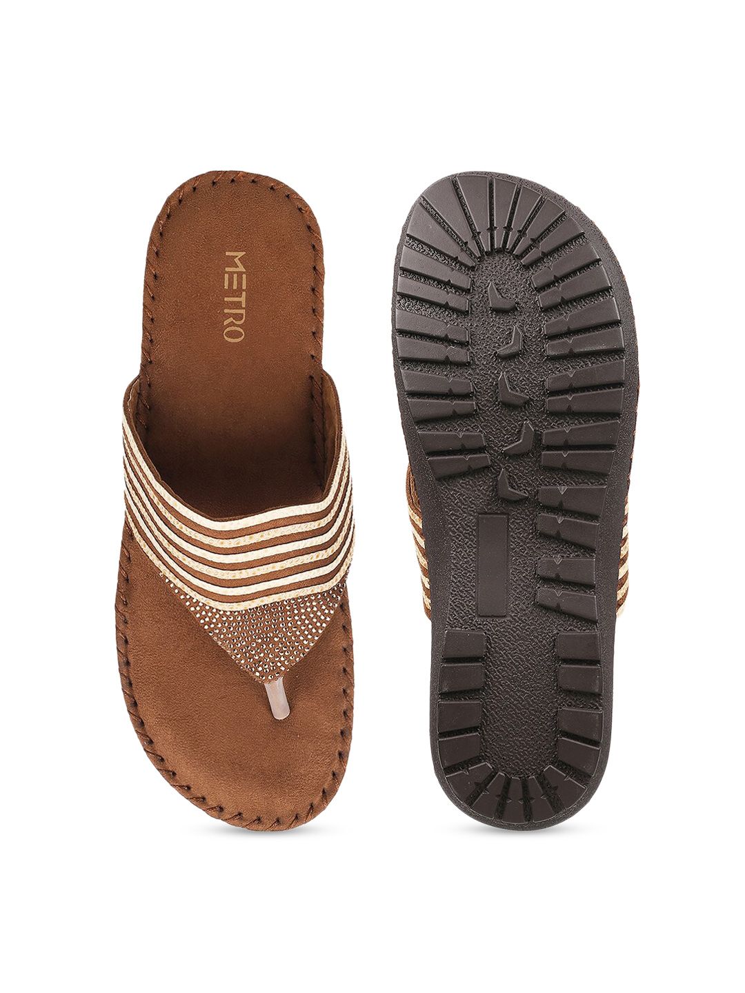 Metro Women Brown Embellished T-Strap Flats