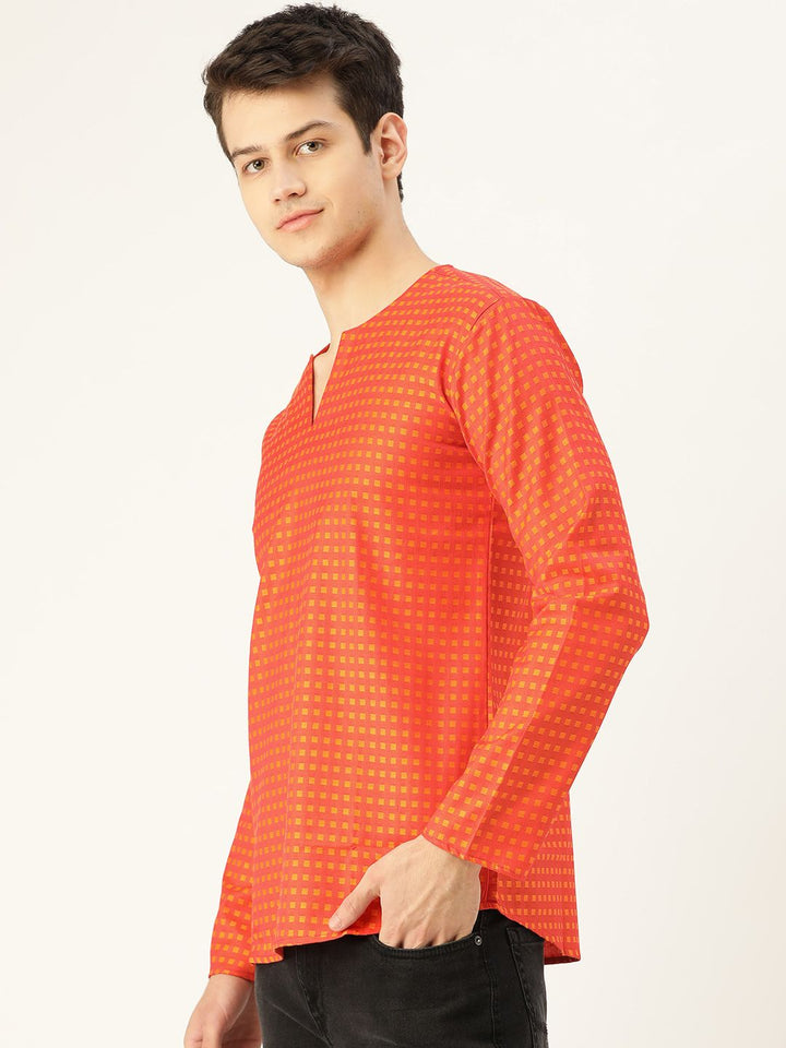 SOJANYA Men Orange Checked Straight Kurta