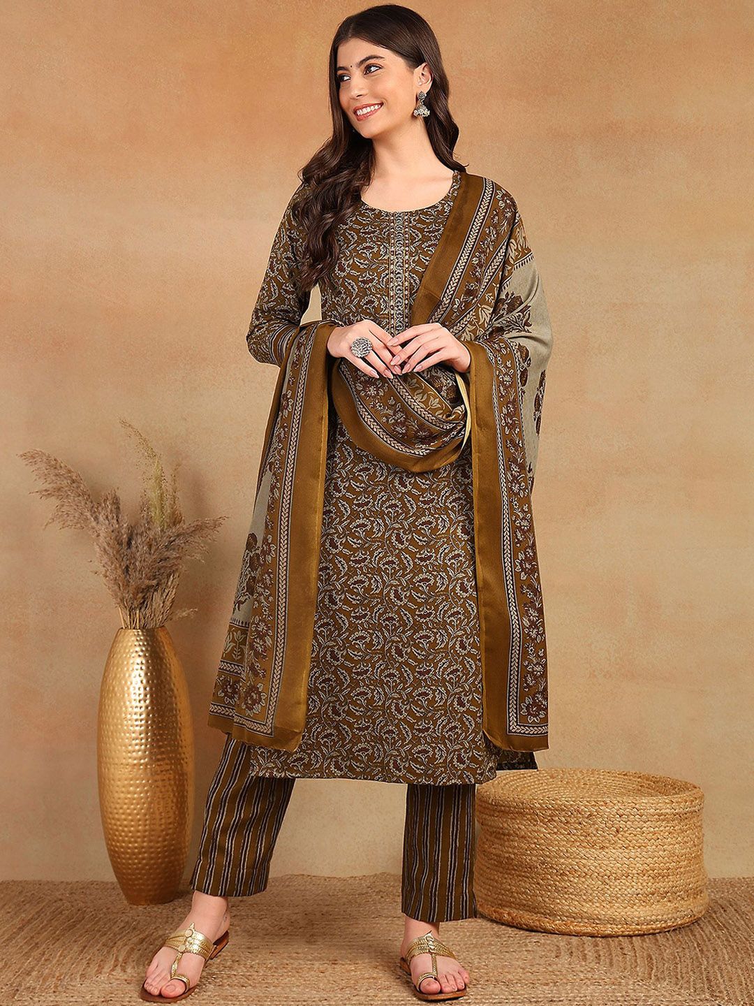 KALINI Floral Printed Thread Work Straight Kurta with Trousers & Dupatta
