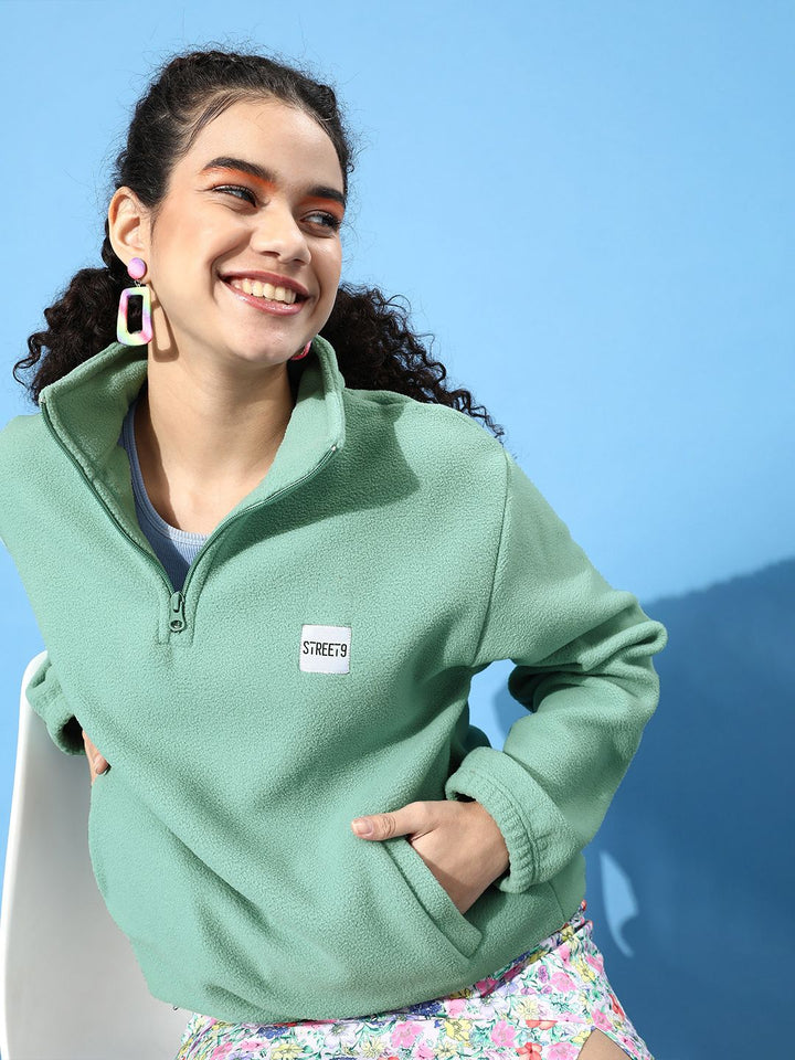 STREET 9 Women Gorgeous Green Solid Sweatshirt