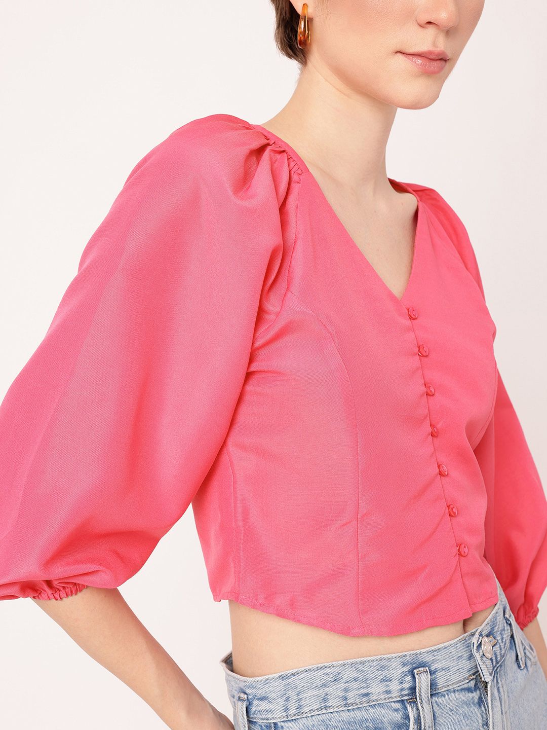 DressBerry Girly Glam Puff Sleeve Shirt Style Crop Top