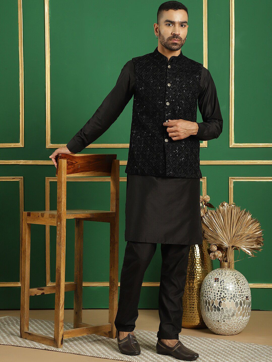 Jompers Sequin Embroidered Mandarin Collar Velvet Nehru Jacket