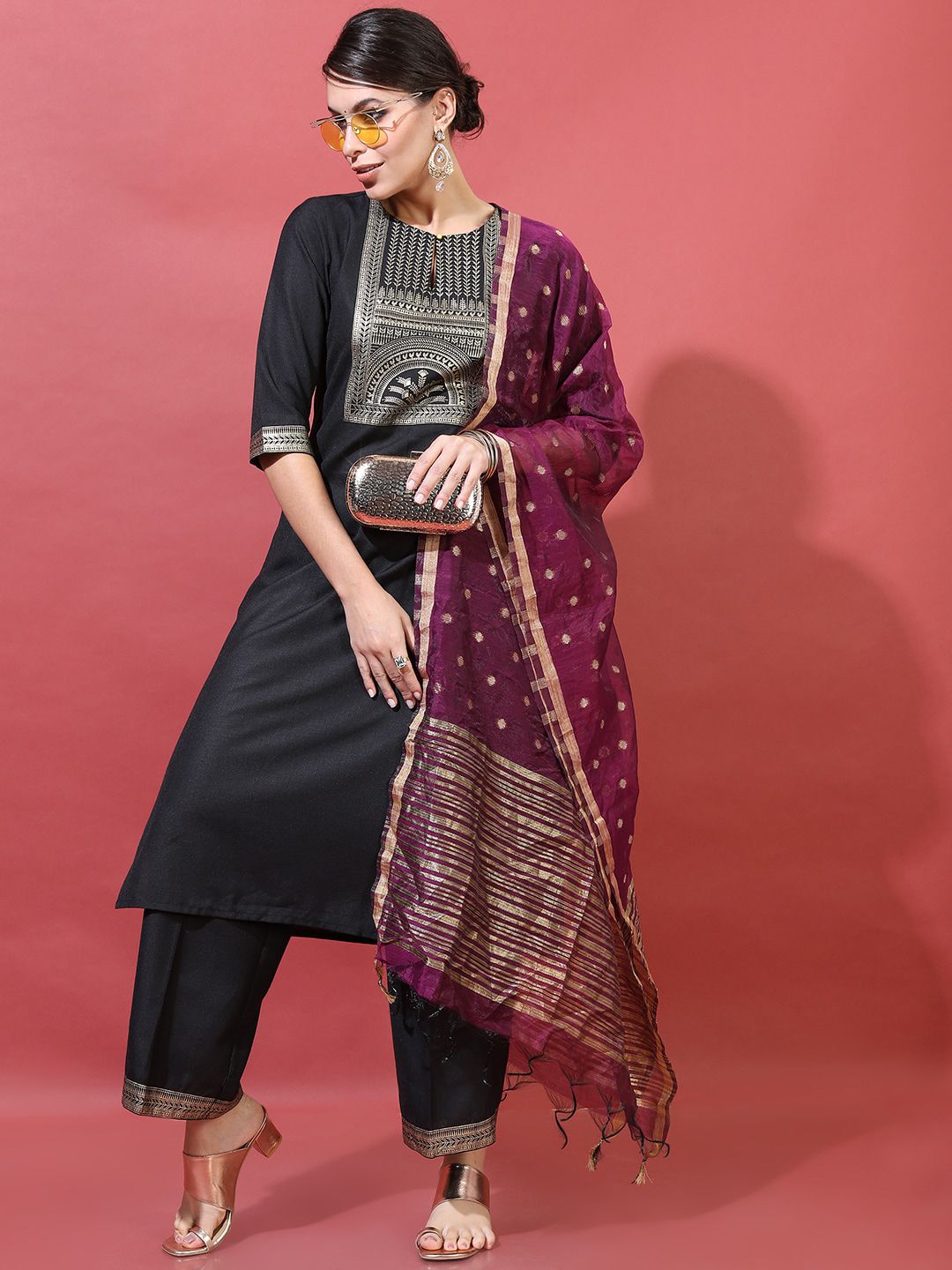 Vishudh Women Black Ethnic Motifs Printed Kurta with Trousers & Dupatta