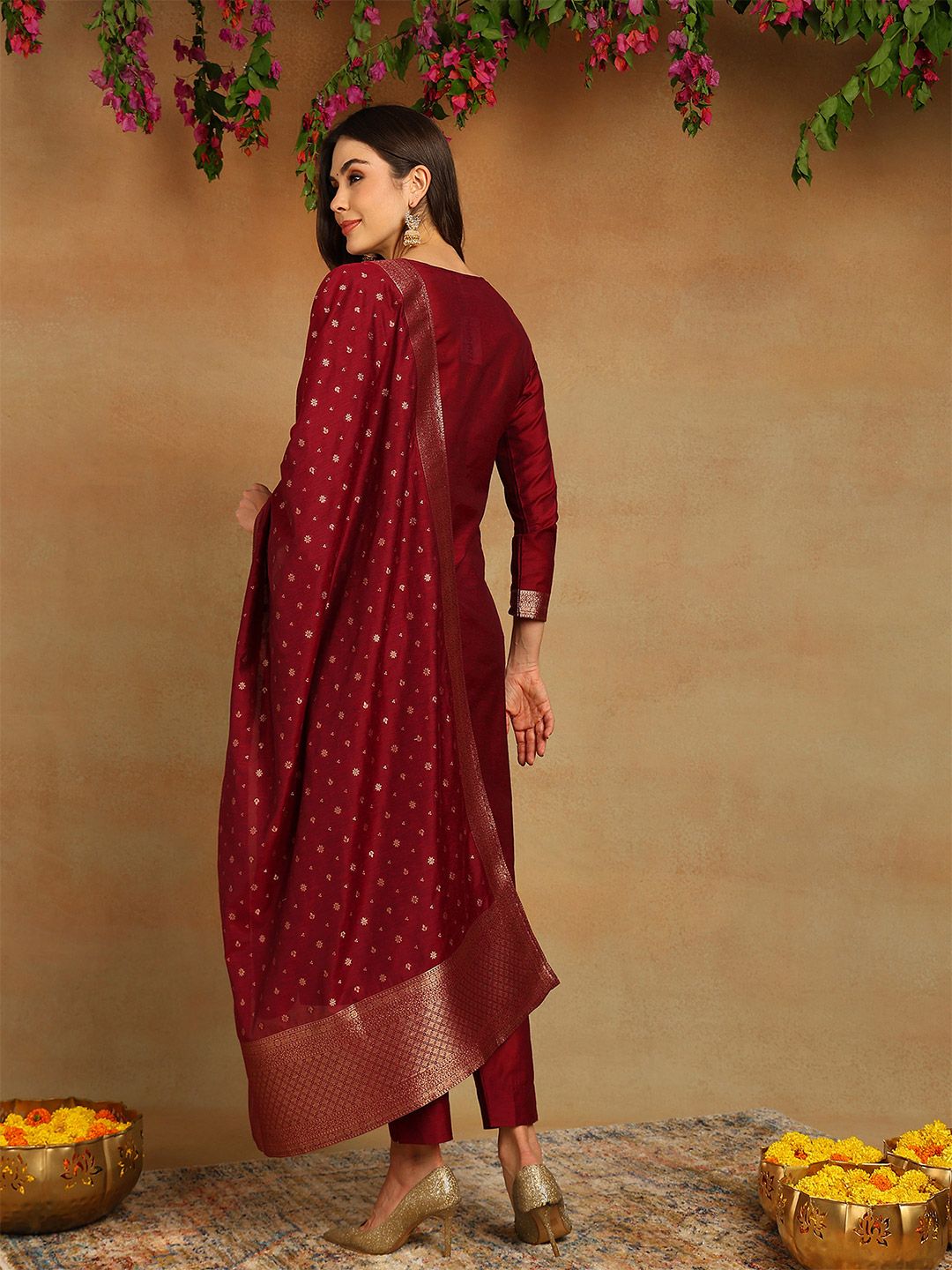 KALINI Floral Woven Design Zari Straight Kurta With Trousers & Dupatta
