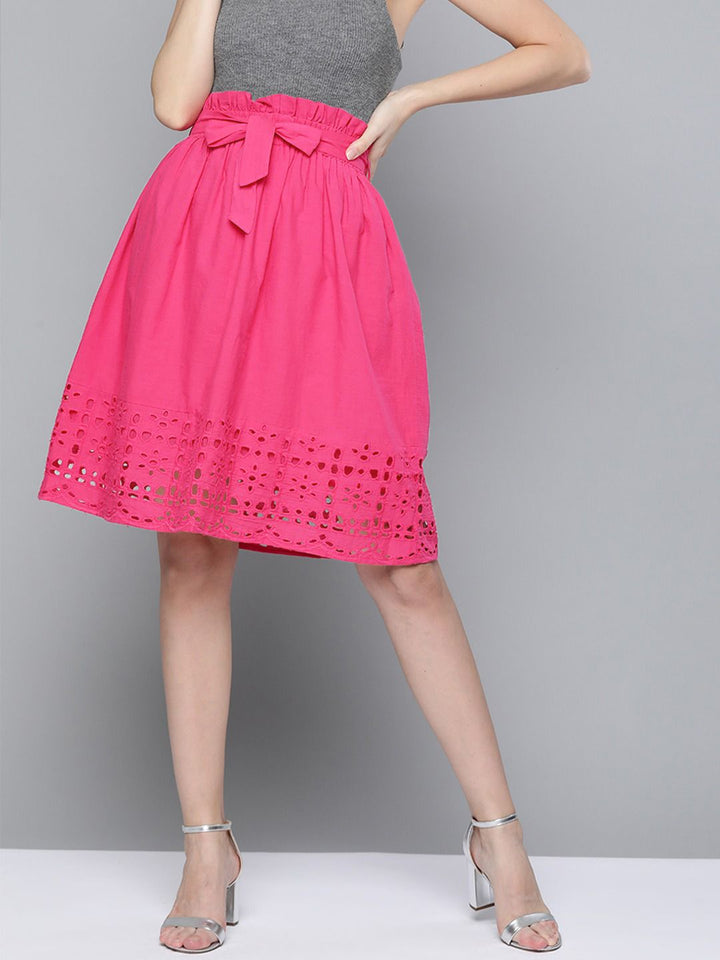 SASSAFRAS Fuchsia Pink Pure Cotton Schiffli Detail Flared Skirt with Belt